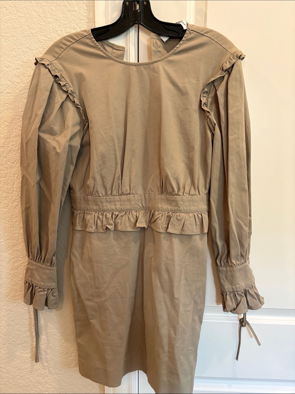 Rebecca Minkoff Taupe Ruffle-Waist Long Sleeve Dress